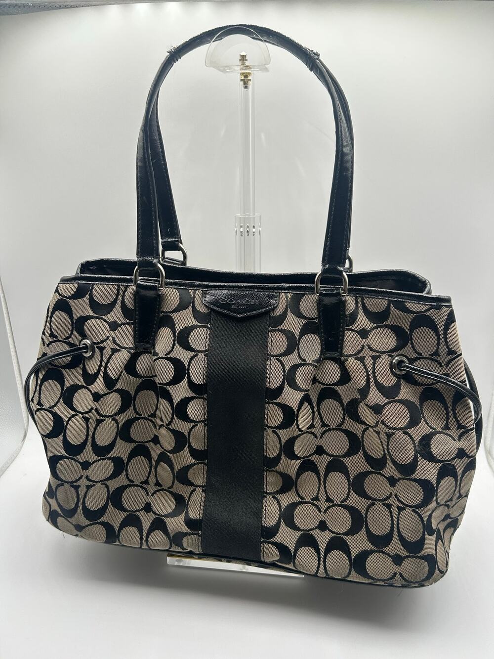 Coach F28501 Signature File Tote Khaki Black Jacquard Canvas Patent Leather Bag